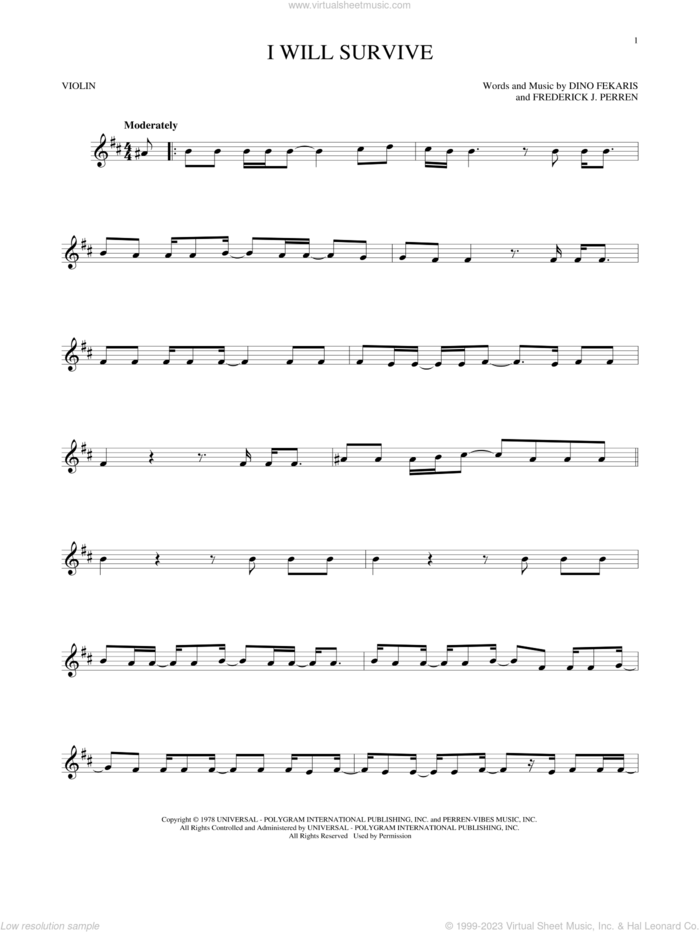 I Will Survive sheet music for violin solo by Gloria Gaynor, Dino Fekaris and Frederick Perren, intermediate skill level