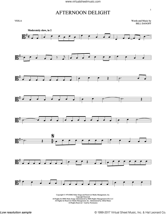 Afternoon Delight sheet music for viola solo by Starland Vocal Band and Bill Danoff, intermediate skill level