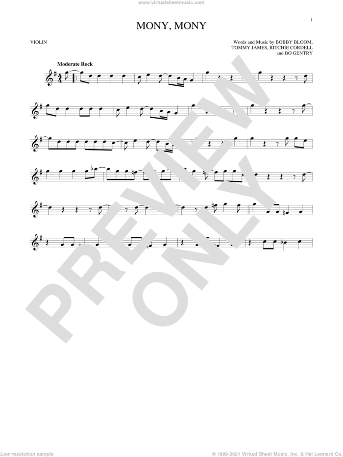 Mony, Mony sheet music for violin solo by Tommy James & The Shondells, Bo Gentry, Bobby Bloom and Ritchie Cordell, intermediate skill level