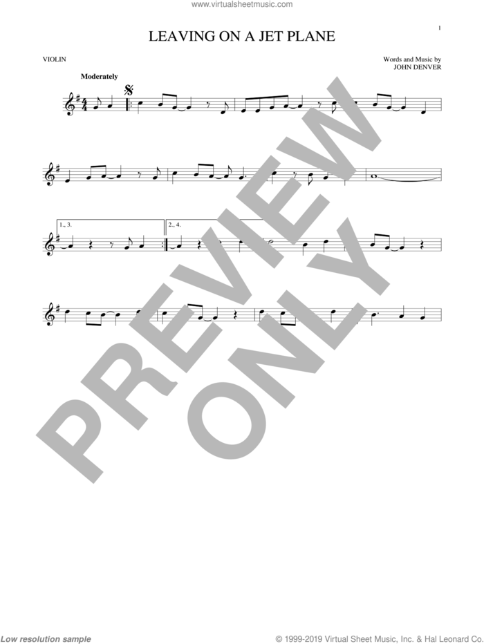 Leaving On A Jet Plane sheet music for violin solo by John Denver and Peter, Paul & Mary, intermediate skill level