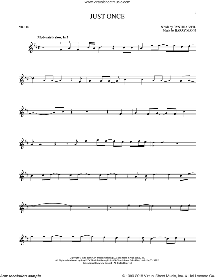 Just Once sheet music for violin solo by Quincy Jones featuring James Ingram, Barry Mann and Cynthia Weil, intermediate skill level
