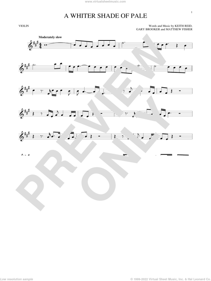 A Whiter Shade Of Pale sheet music for violin solo by Procol Harum, Gary Brooker, Keith Reid and Matthew Fisher, wedding score, intermediate skill level