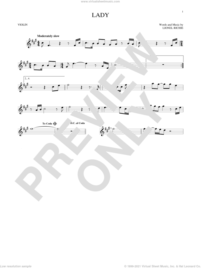 Lady sheet music for violin solo by Kenny Rogers and Lionel Richie, intermediate skill level