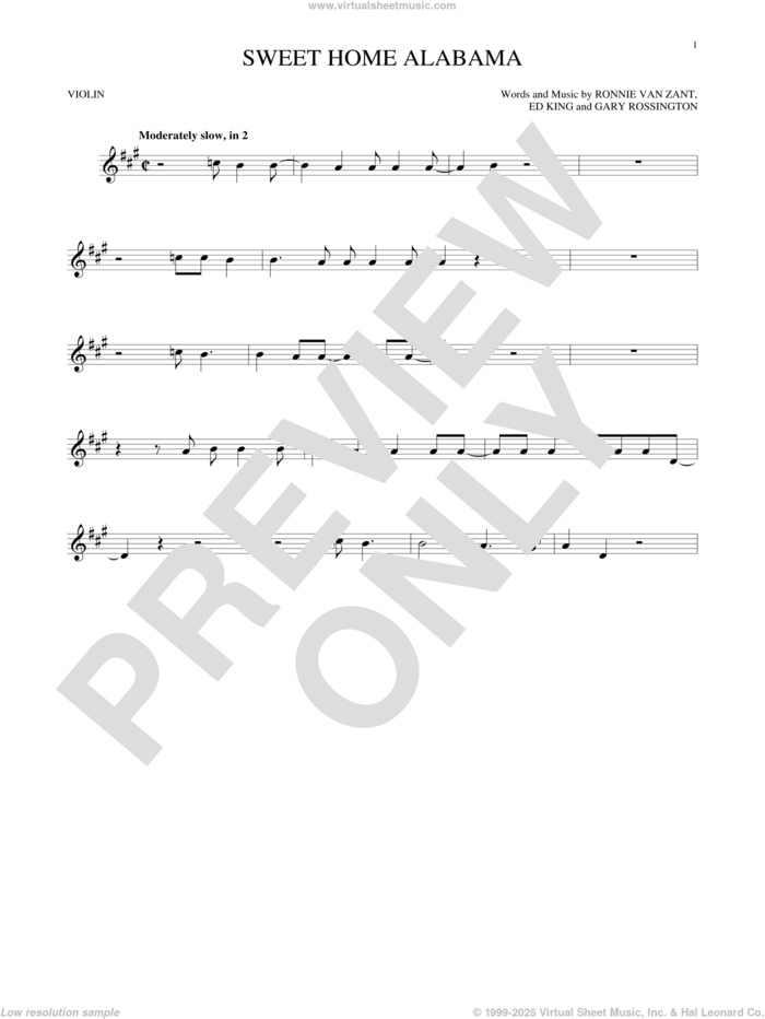 Sweet Home Alabama sheet music for violin solo by Lynyrd Skynyrd, Edward King, Gary Rossington and Ronnie Van Zant, intermediate skill level