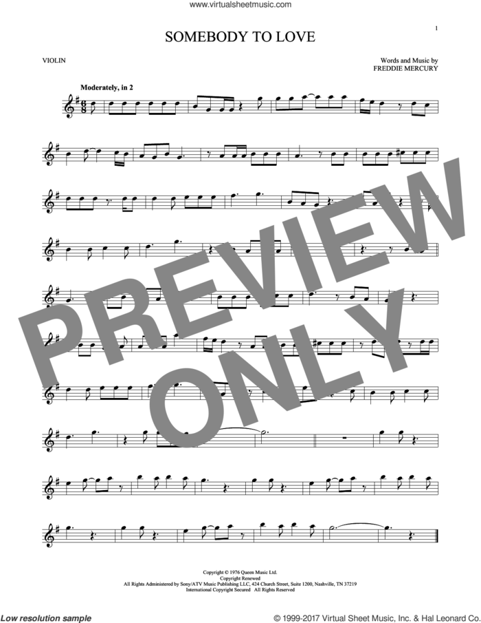 Somebody To Love sheet music for violin solo by Queen and Freddie Mercury, intermediate skill level