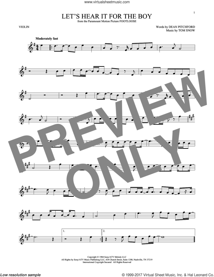 Let's Hear It For The Boy sheet music for violin solo by Deniece Williams, Dean Pitchford and Tom Snow, intermediate skill level