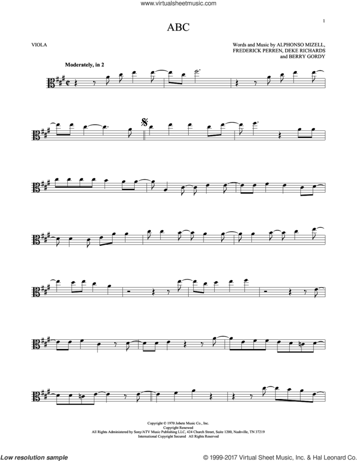 ABC sheet music for viola solo by The Jackson 5, Alphonso Mizell, Berry Gordy, Deke Richards and Frederick Perren, intermediate skill level