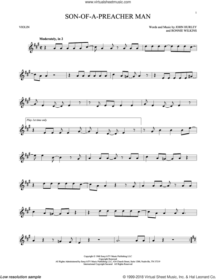 Son-Of-A-Preacher Man sheet music for violin solo by Dusty Springfield, John Hurley and Ronnie Wilkins, intermediate skill level