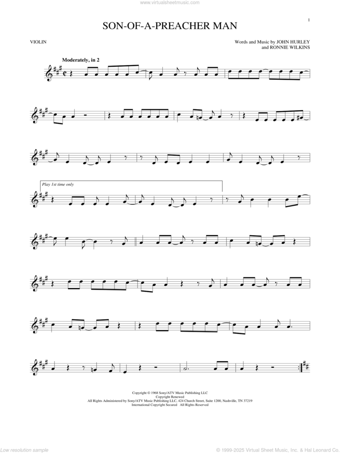 Son-Of-A-Preacher Man sheet music for violin solo by Dusty Springfield, John Hurley and Ronnie Wilkins, intermediate skill level