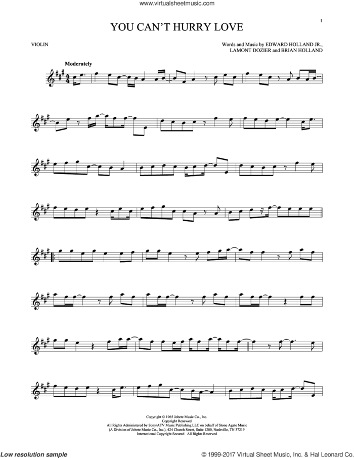 You Can't Hurry Love sheet music for violin solo by The Supremes, Brian Holland, Edward Holland Jr. and Lamont Dozier, intermediate skill level