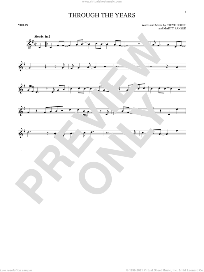 Through The Years sheet music for violin solo by Kenny Rogers, Marty Panzer and Steve Dorff, intermediate skill level