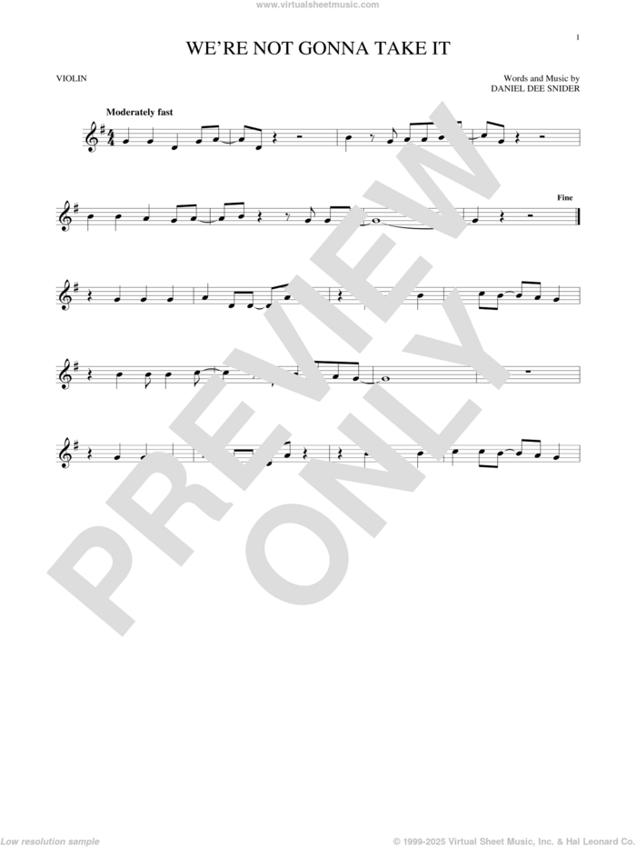 We're Not Gonna Take It sheet music for violin solo by Twisted Sister and Dee Snider, intermediate skill level