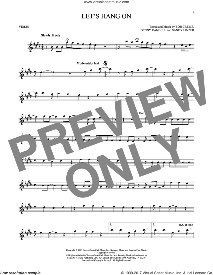 Let's Hang On sheet music for violin solo by The 4 Seasons, Manhattan Transfer, Bob Crewe, Denny Randell and Sandy Linzer, intermediate skill level