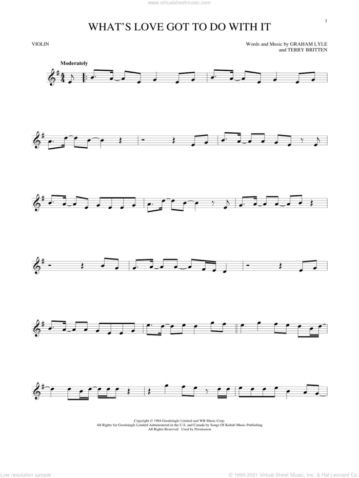 What's Love Got To Do With It sheet music for violin solo by Tina Turner, Graham Lyle and Terry Britten, intermediate skill level
