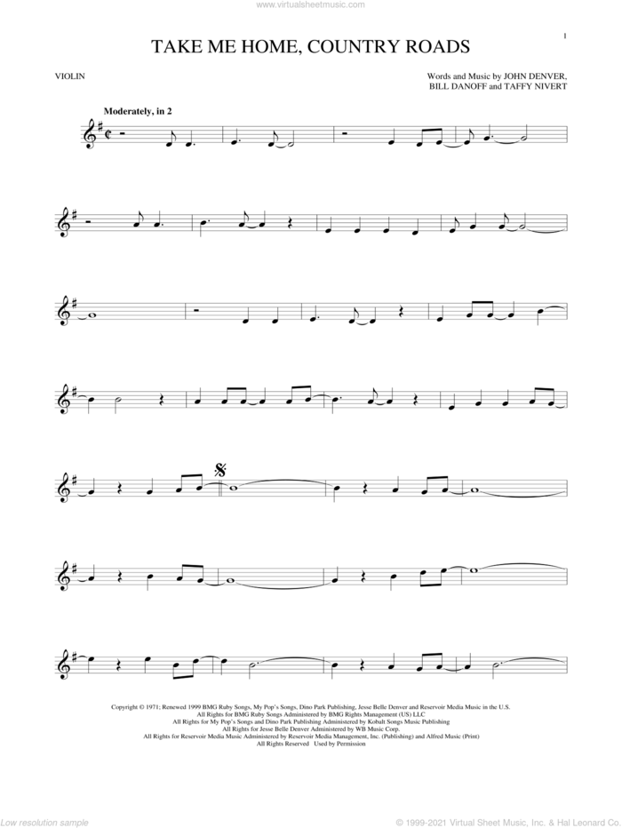 Denver Take Me Home, Country Roads sheet music for violin solo