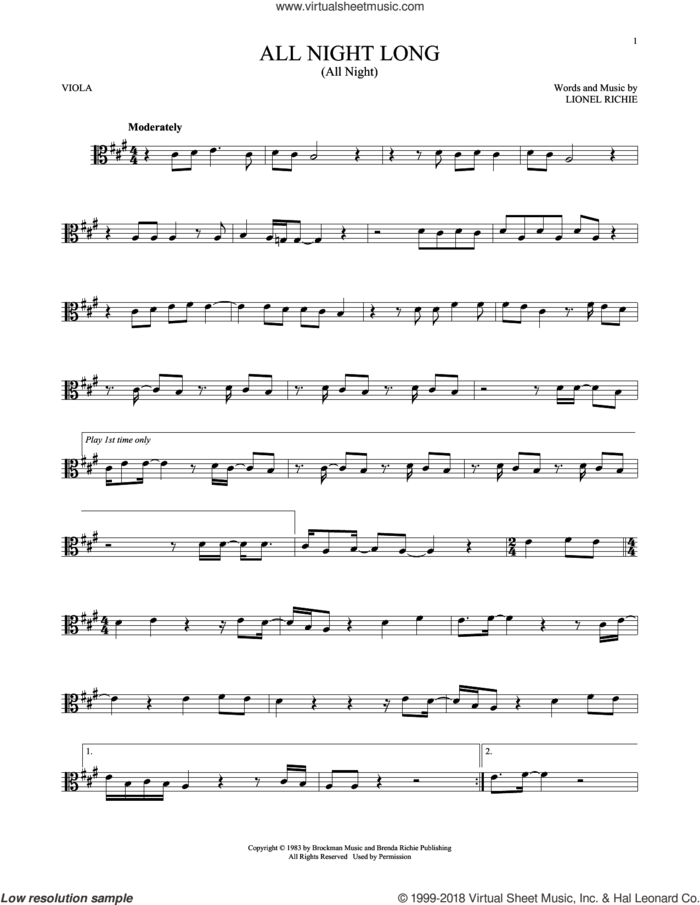 All Night Long (All Night) sheet music for viola solo by Lionel Richie, intermediate skill level