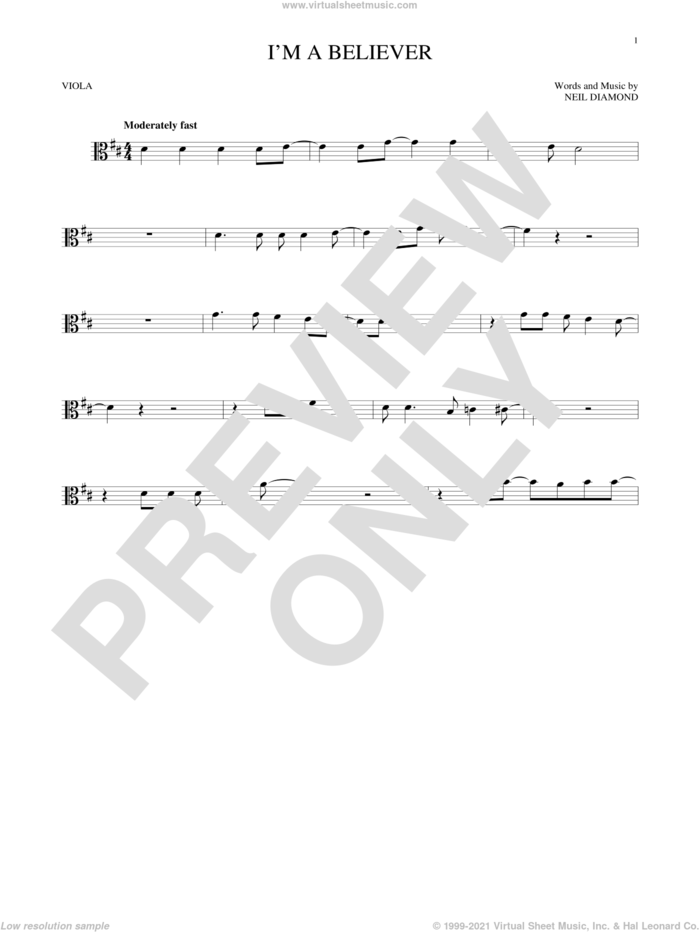 I'm A Believer sheet music for viola solo by Neil Diamond and The Monkees, intermediate skill level