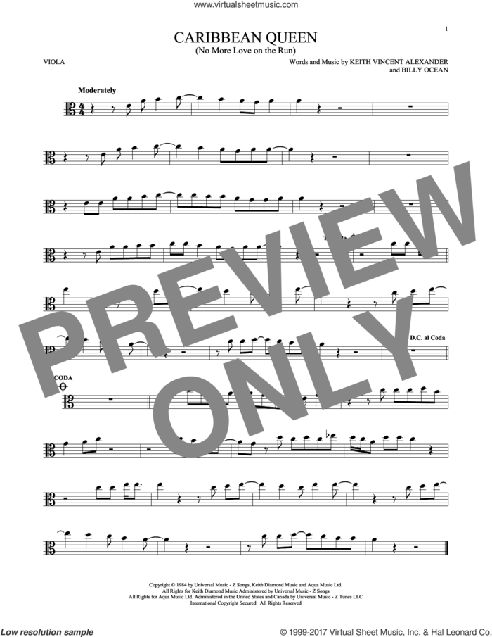Caribbean Queen (No More Love On The Run) sheet music for viola solo by Billy Ocean, intermediate skill level