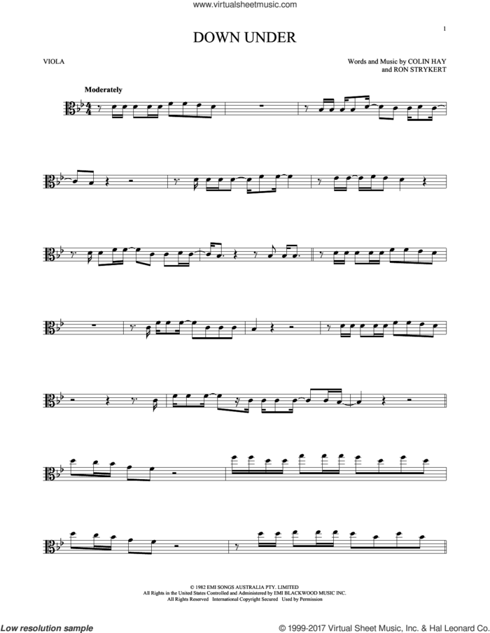 Down Under sheet music for viola solo by Men At Work, Colin Hay and Ron Strykert, intermediate skill level