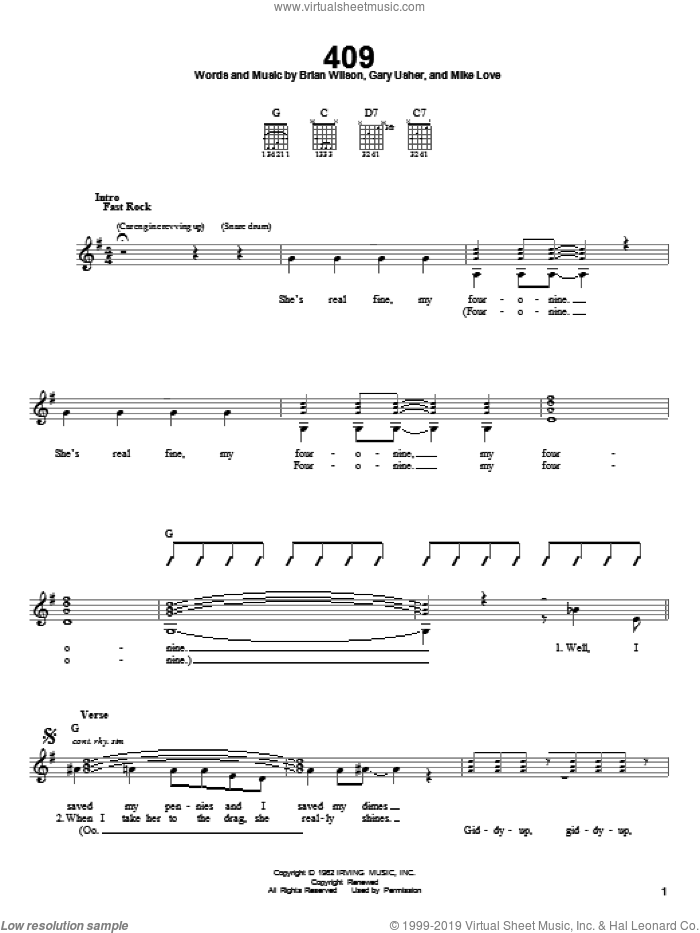 409 sheet music for guitar solo (chords) by The Beach Boys, Brian Wilson, Gary Usher and Mike Love, easy guitar (chords)