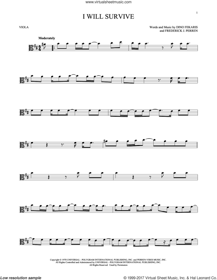 I Will Survive sheet music for viola solo by Gloria Gaynor, Dino Fekaris and Frederick Perren, intermediate skill level