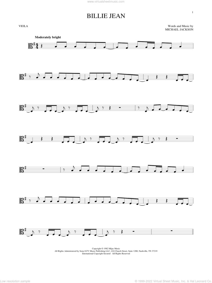 Billie Jean sheet music for viola solo by Michael Jackson, intermediate skill level