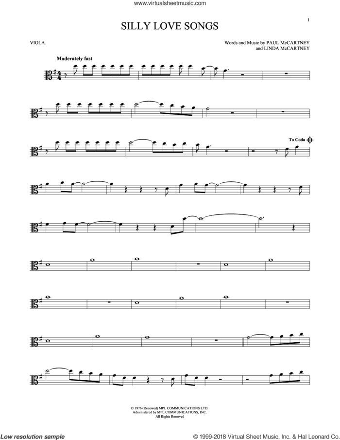 Silly Love Songs sheet music for viola solo by Paul McCartney, Wings and Linda McCartney, intermediate skill level