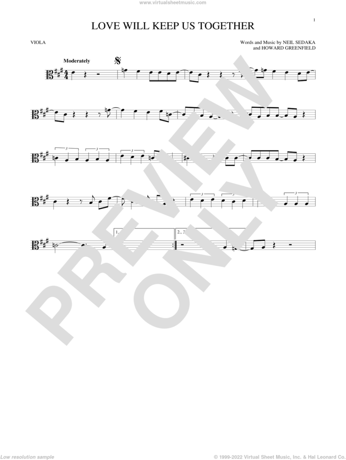 Love Will Keep Us Together sheet music for viola solo by The Captain & Tennille, Captain & Tennille, Howard Greenfield and Neil Sedaka, intermediate skill level