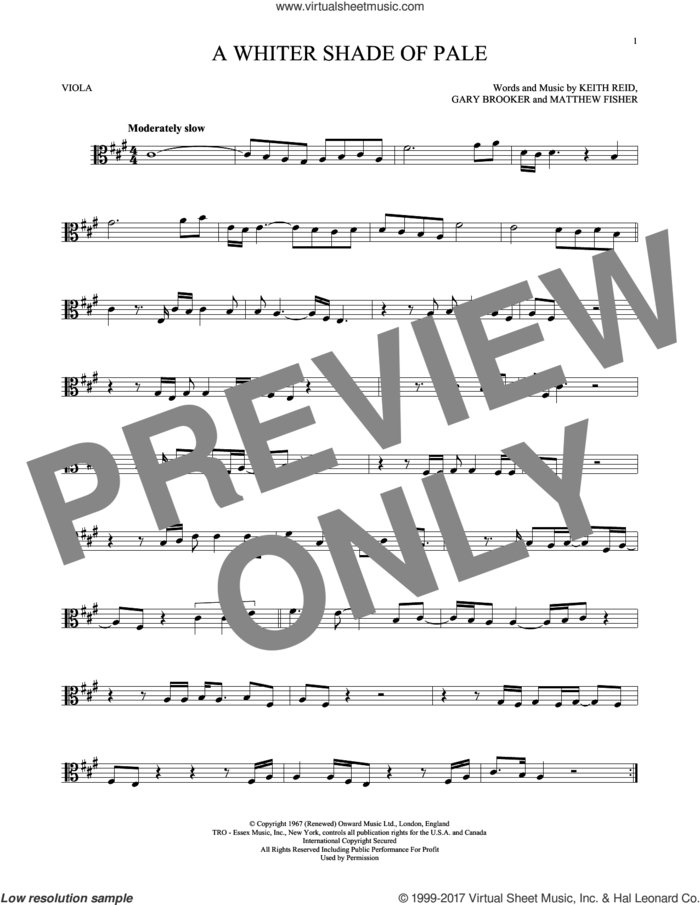 A Whiter Shade Of Pale sheet music for viola solo by Procol Harum, Gary Brooker, Keith Reid and Matthew Fisher, wedding score, intermediate skill level