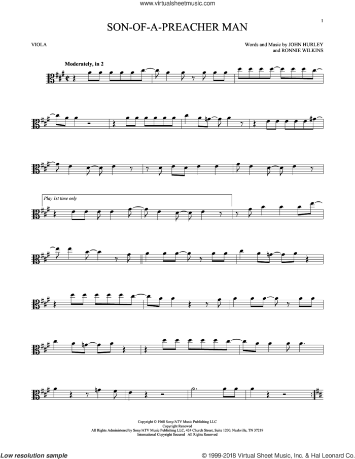 Son-Of-A-Preacher Man sheet music for viola solo by Dusty Springfield, John Hurley and Ronnie Wilkins, intermediate skill level