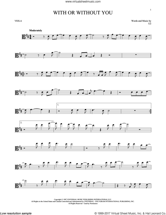 With Or Without You sheet music for viola solo by U2, intermediate skill level