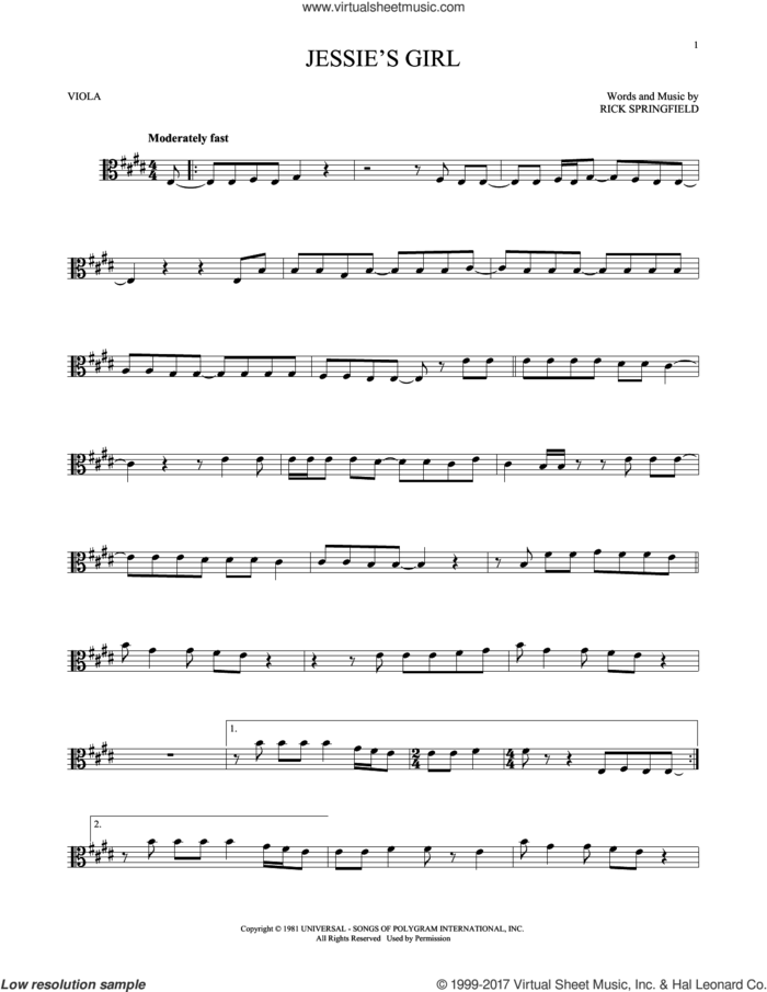 Jessie's Girl sheet music for viola solo by Rick Springfield, intermediate skill level