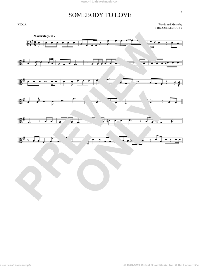 Somebody To Love sheet music for viola solo by Queen and Freddie Mercury, intermediate skill level