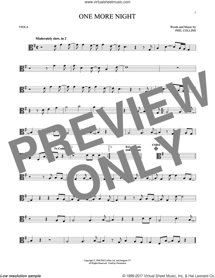 One More Night sheet music for viola solo by Phil Collins, intermediate skill level