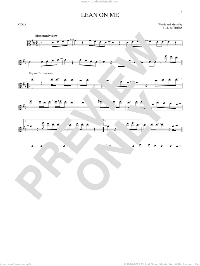 Lean On Me sheet music for viola solo by Bill Withers, intermediate skill level