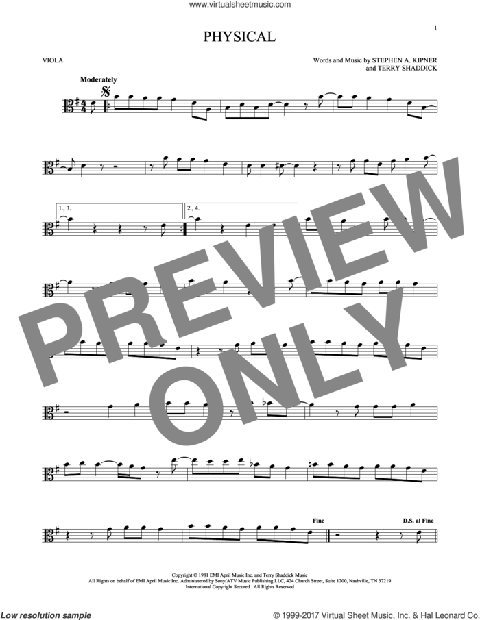 Physical sheet music for viola solo by Olivia Newton-John, Stephen A. Kipner and Terry Shaddick, intermediate skill level