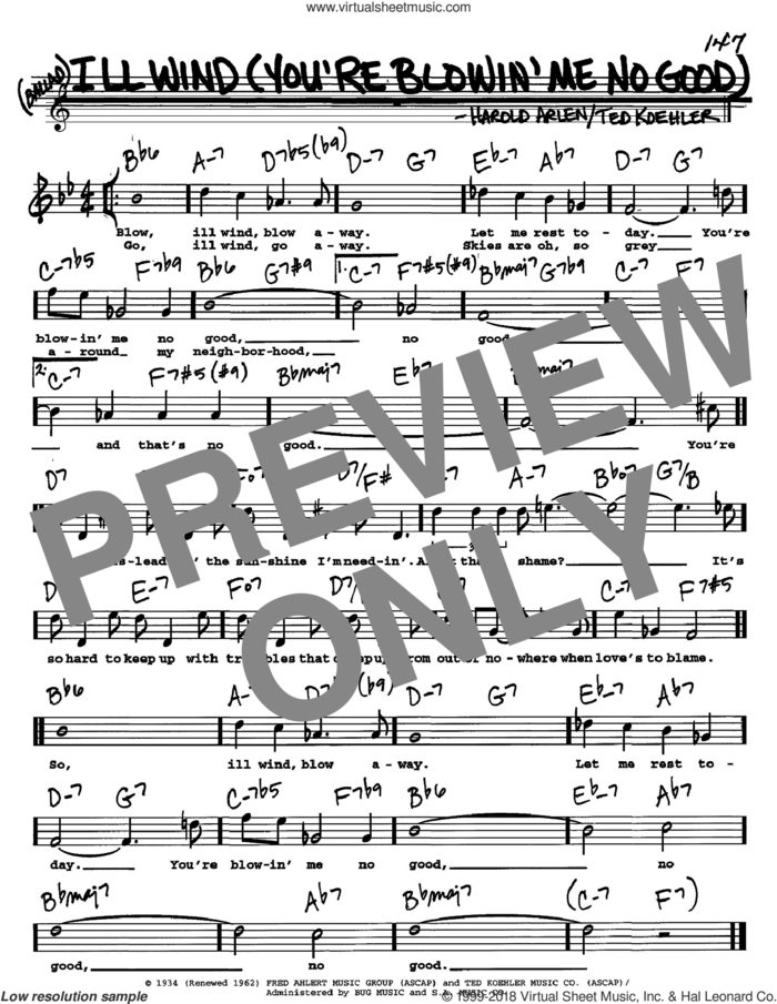 Ill Wind (You're Blowin' Me No Good) sheet music for voice and other instruments  by Harold Arlen and Ted Koehler, intermediate skill level