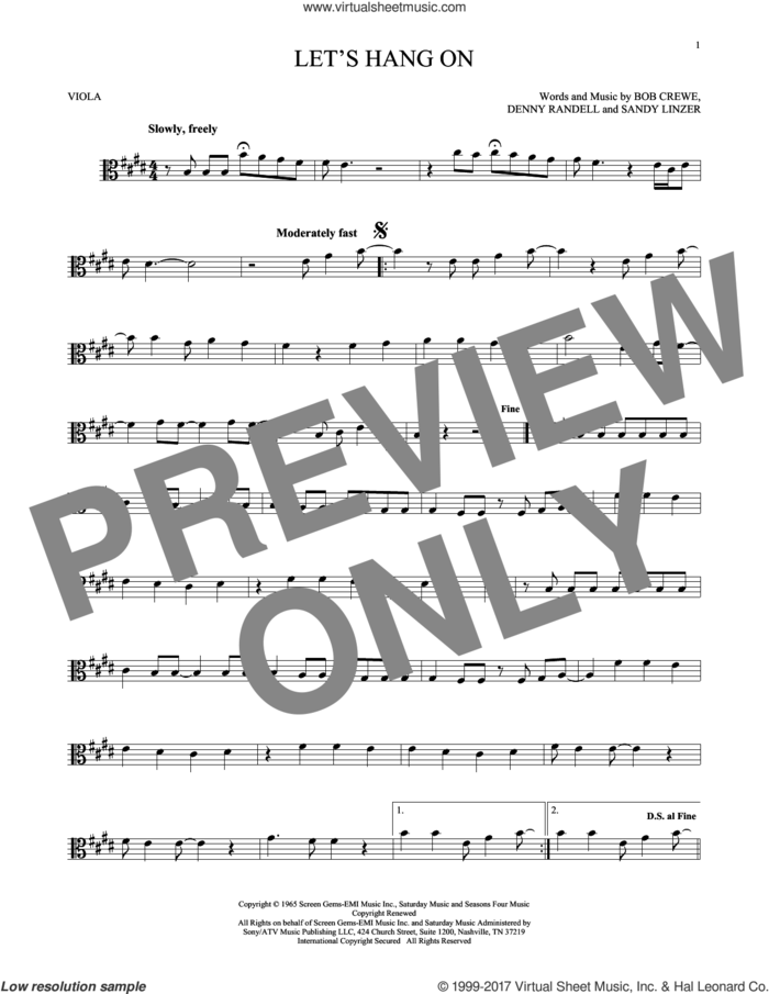 Let's Hang On sheet music for viola solo by The 4 Seasons, Bob Crewe, Denny Randell and Sandy Linzer, intermediate skill level