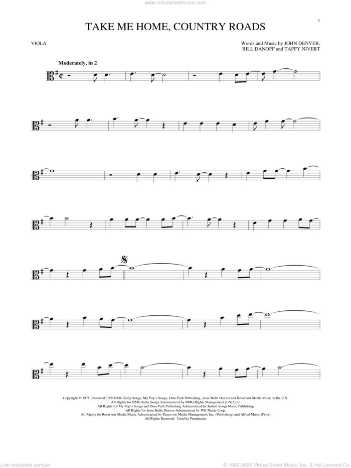 Take Me Home, Country Roads sheet music for viola solo by John Denver, Bill Danoff and Taffy Nivert, intermediate skill level