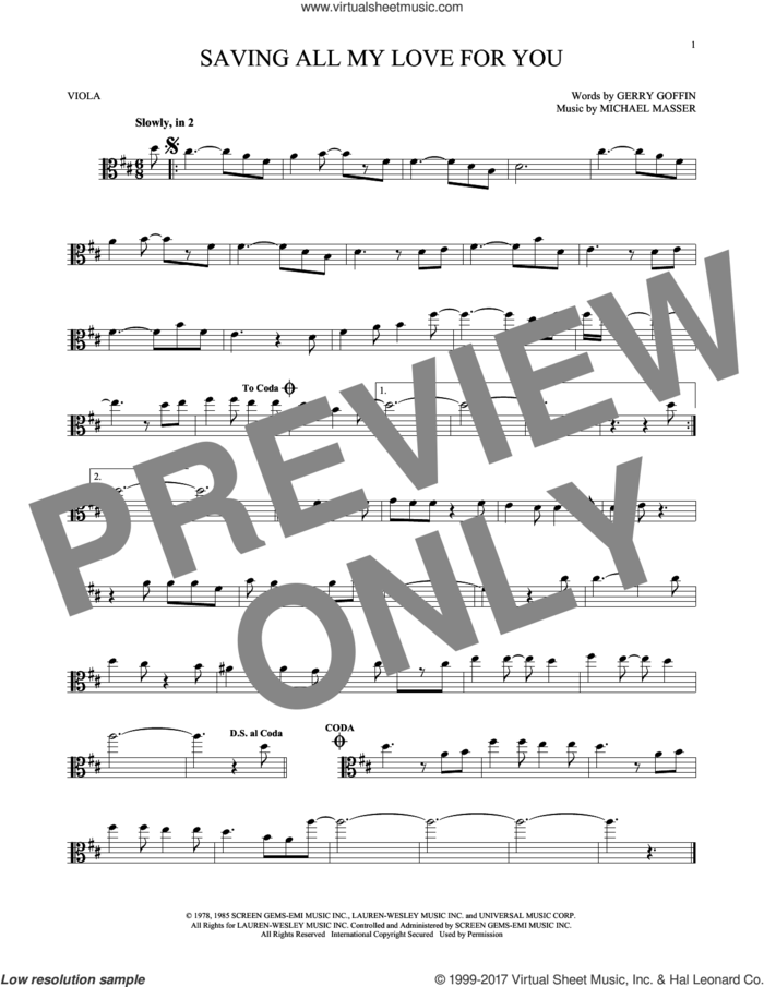 Saving All My Love For You sheet music for viola solo by Whitney Houston, Gerry Goffin and Michael Masser, intermediate skill level