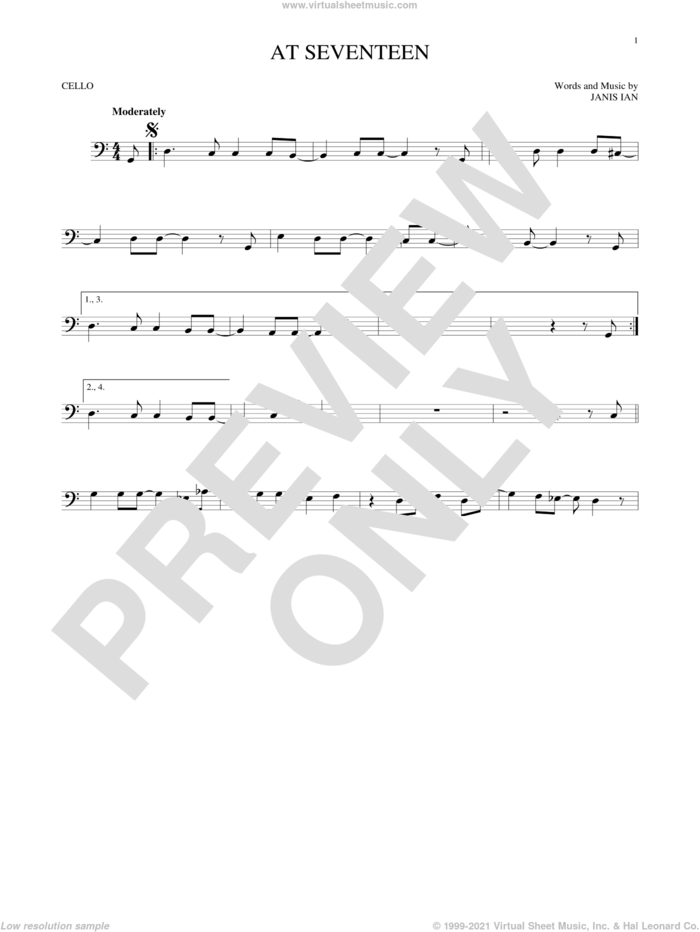 At Seventeen sheet music for cello solo by Janis Ian, intermediate skill level