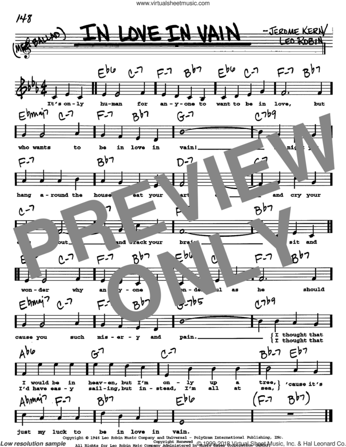 In Love In Vain sheet music for voice and other instruments  by Jerome Kern and Leo Robin, intermediate skill level