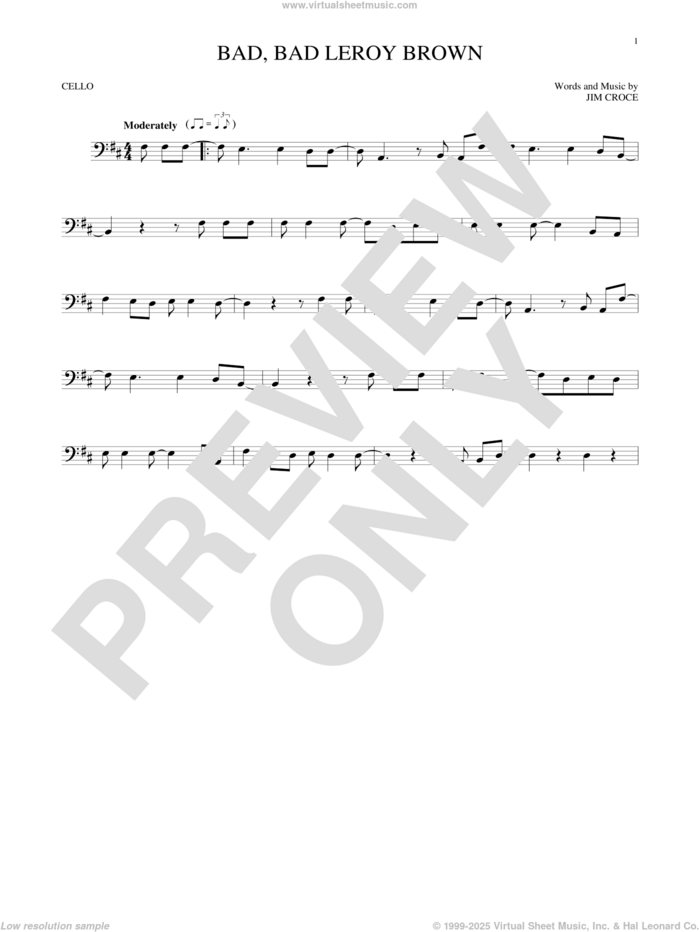 Bad, Bad Leroy Brown sheet music for cello solo by Jim Croce, intermediate skill level