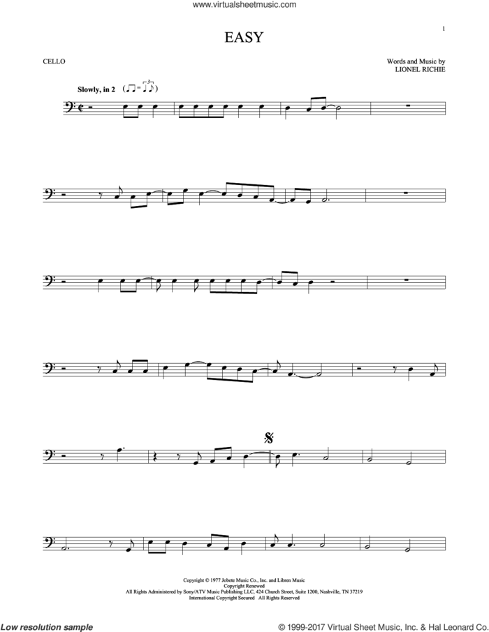 Easy sheet music for cello solo by The Commodores and Lionel Richie, intermediate skill level