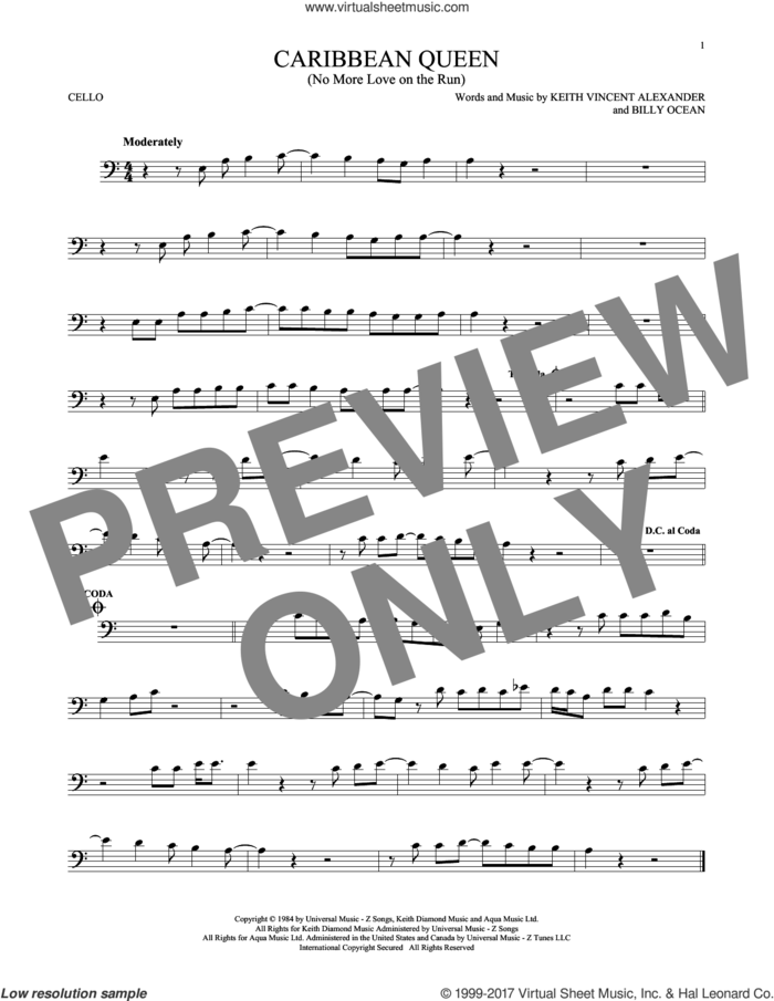 Caribbean Queen (No More Love On The Run) sheet music for cello solo by Billy Ocean and Keith Vincent Alexander, intermediate skill level