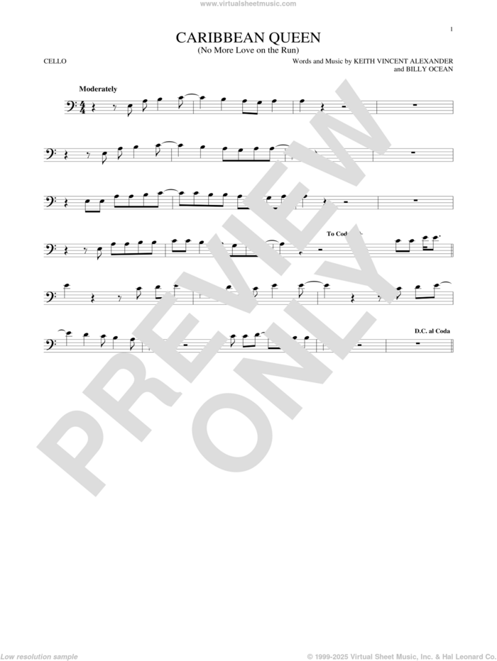 Caribbean Queen (No More Love On The Run) sheet music for cello solo by Billy Ocean and Keith Vincent Alexander, intermediate skill level