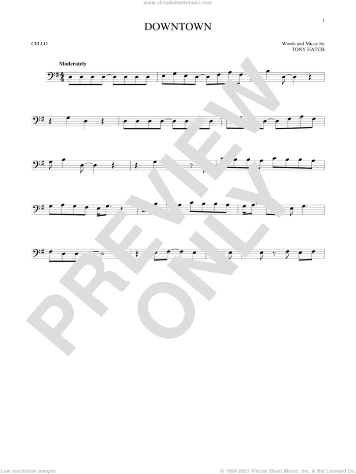 Downtown sheet music for cello solo by Petula Clark and Tony Hatch, intermediate skill level