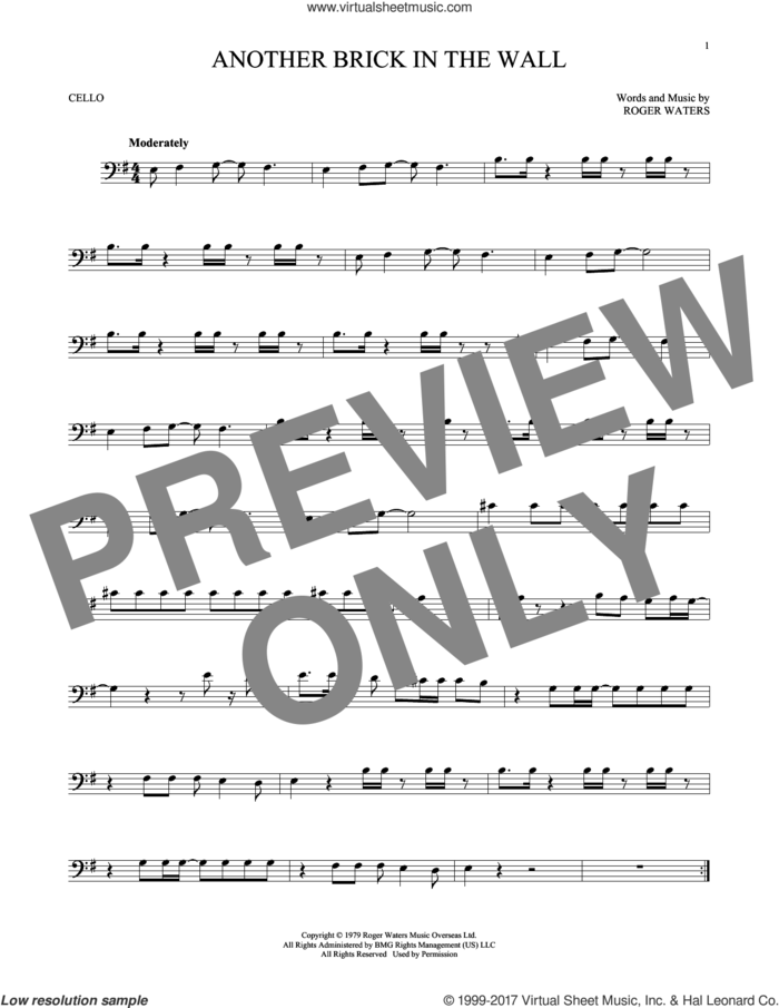 Another Brick In The Wall sheet music for cello solo by Pink Floyd and Roger Waters, intermediate skill level