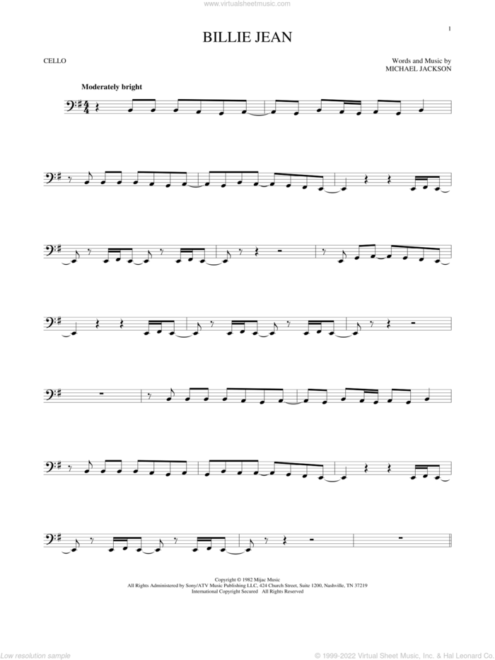 Billie Jean sheet music for cello solo by Michael Jackson, intermediate skill level