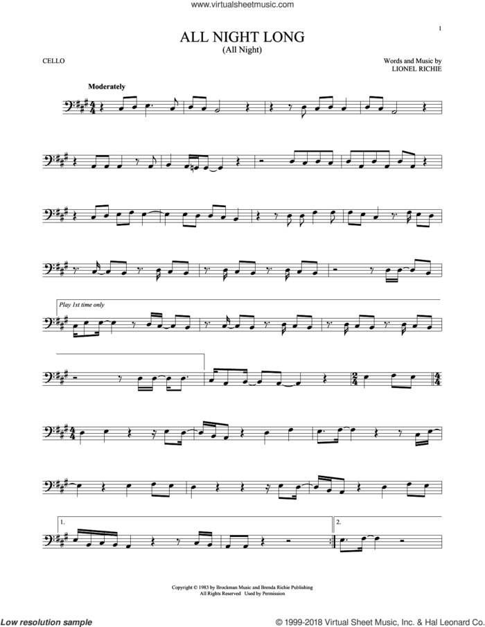 All Night Long (All Night) sheet music for cello solo by Lionel Richie, intermediate skill level